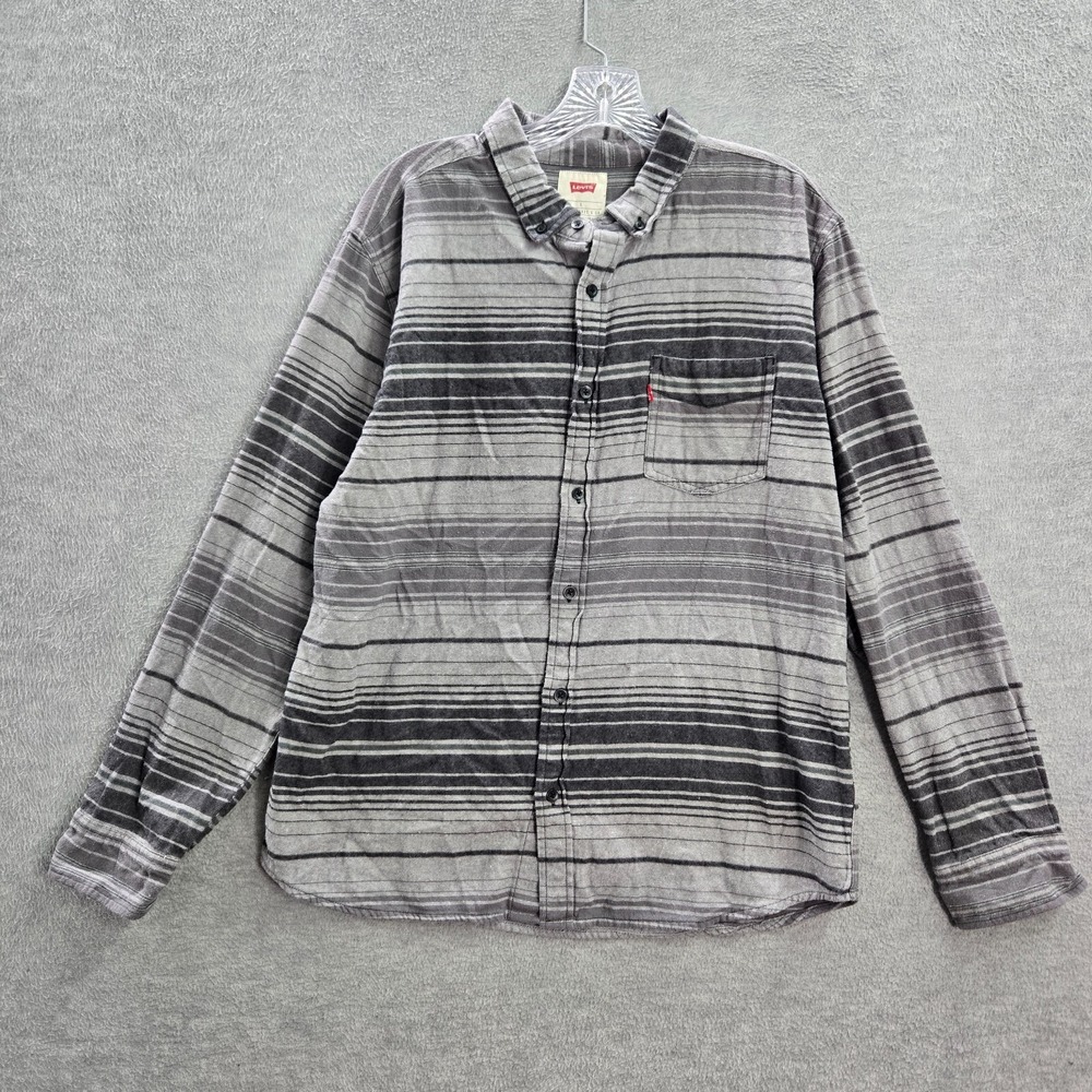 Levi's Men Button Up Shirt Large Gray Striped Flannel Pocket Long Sleeve Collar